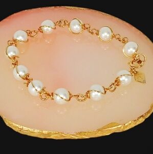Vtg Signed Sarah Coventry Pearl Gold Bracelet Modern Retro Glam Balletcore 60s
